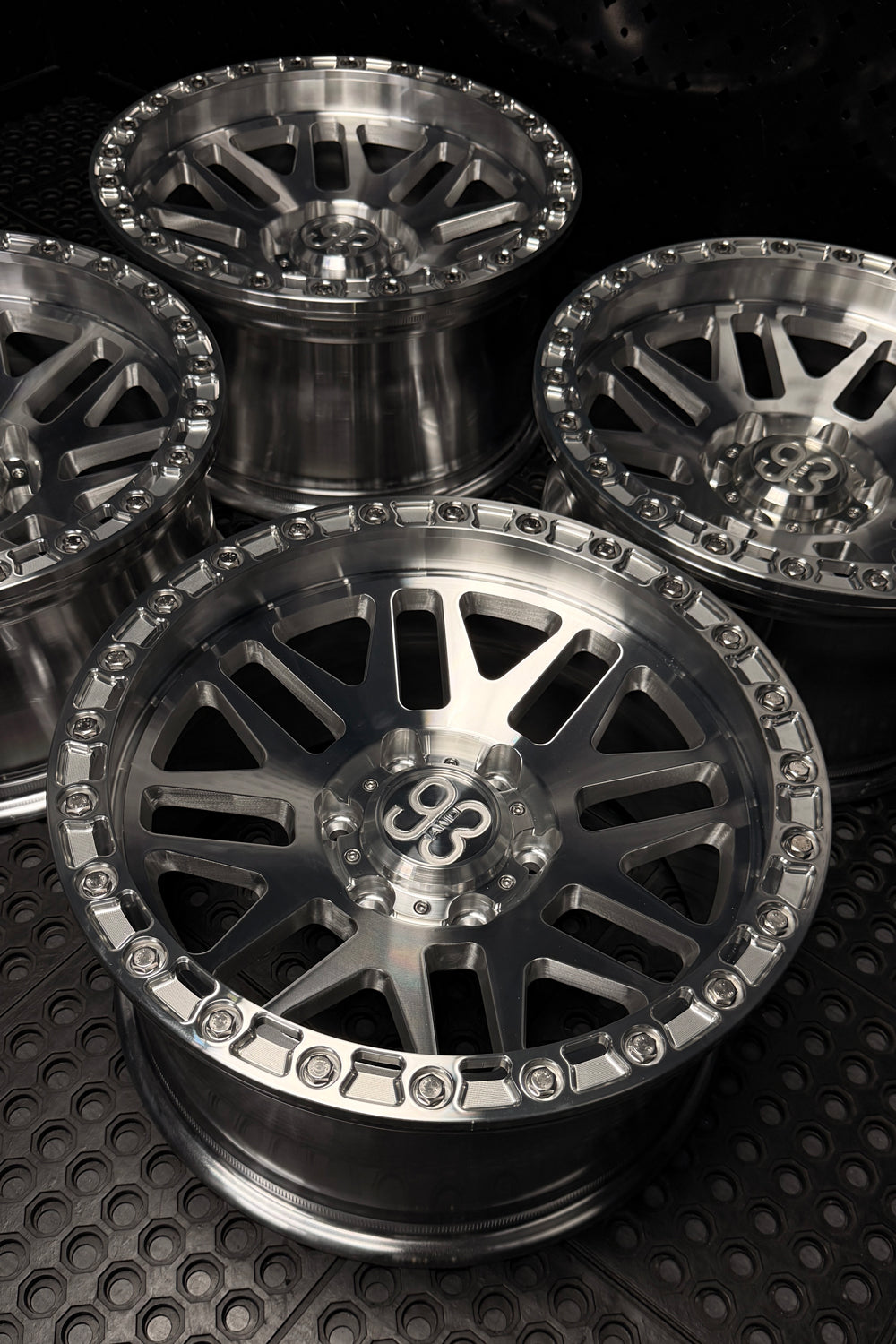 (Set of 4) FR-01R | 6061-T6 Forged | Simulated Beadlock w/ Removable Rings | Machined Clear, Machined Clear Slotted Rings, Stainless Lip Bolts (6x135 | 17x8.5, 0mm Offset)