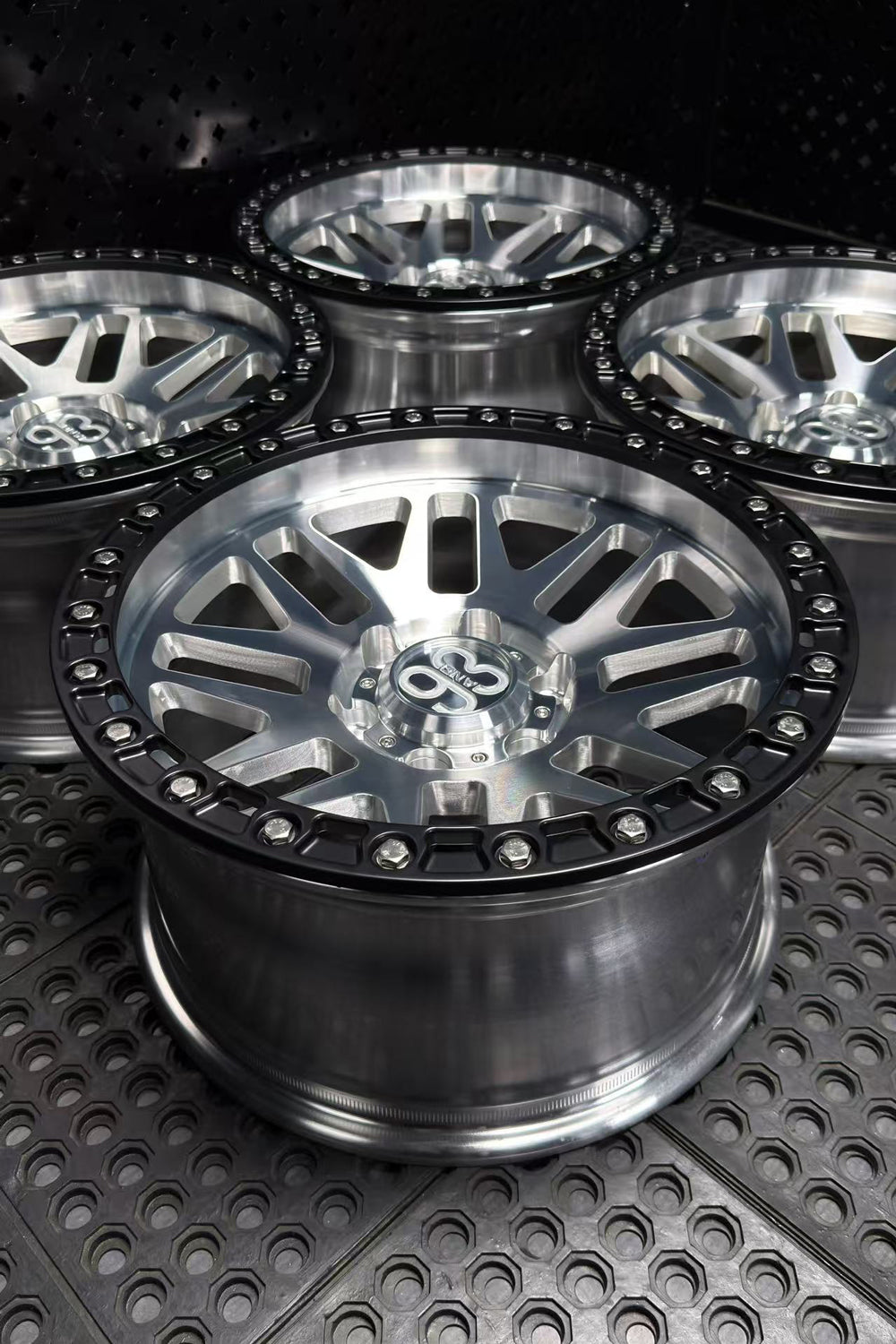 (Set of 4) FR-01R | 6061-T6 Forged | Simulated Beadlock w/ Removable Rings | Machined Clear, Matte Black Slotted Rings, Stainless Lip Bolts (6x135 | 17x8.5, 0mm Offset)