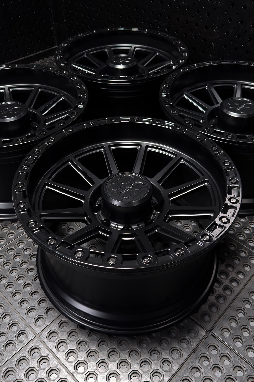 (Set of 4) FR-11R | 6061-T6 Forged | Simulated Beadlock w/ Removable Rings | Matte Black, Gloss Black Slotted Rings, Black Lip Bolts (8x170 | 20x10, -18mm Offset)