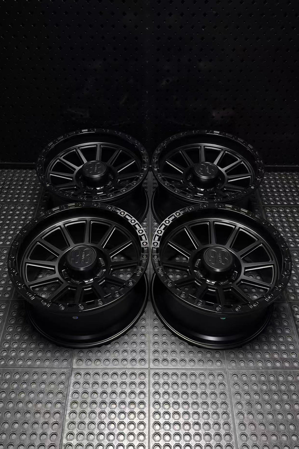 (Set of 4) FR-11R | 6061-T6 Forged | Simulated Beadlock w/ Removable Rings | Matte Black, Gloss Black Slotted Rings, Black Lip Bolts (8x170 | 20x10, -18mm Offset)