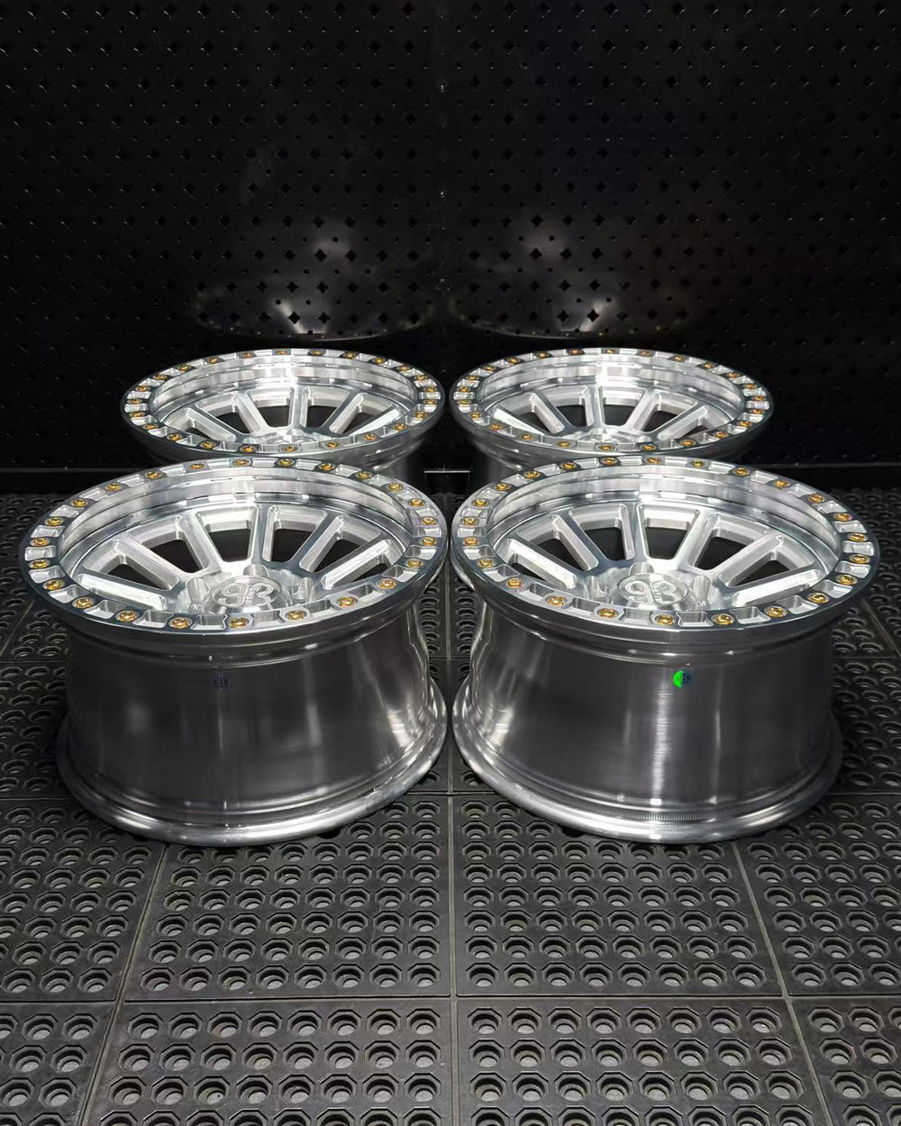 (Set of 4) FR-13 | 6061-T6 Forged | Simulated Beadlock | Machined Clear, Gold Lip Bolts (6x135 | 17x9, 0mm Offset)