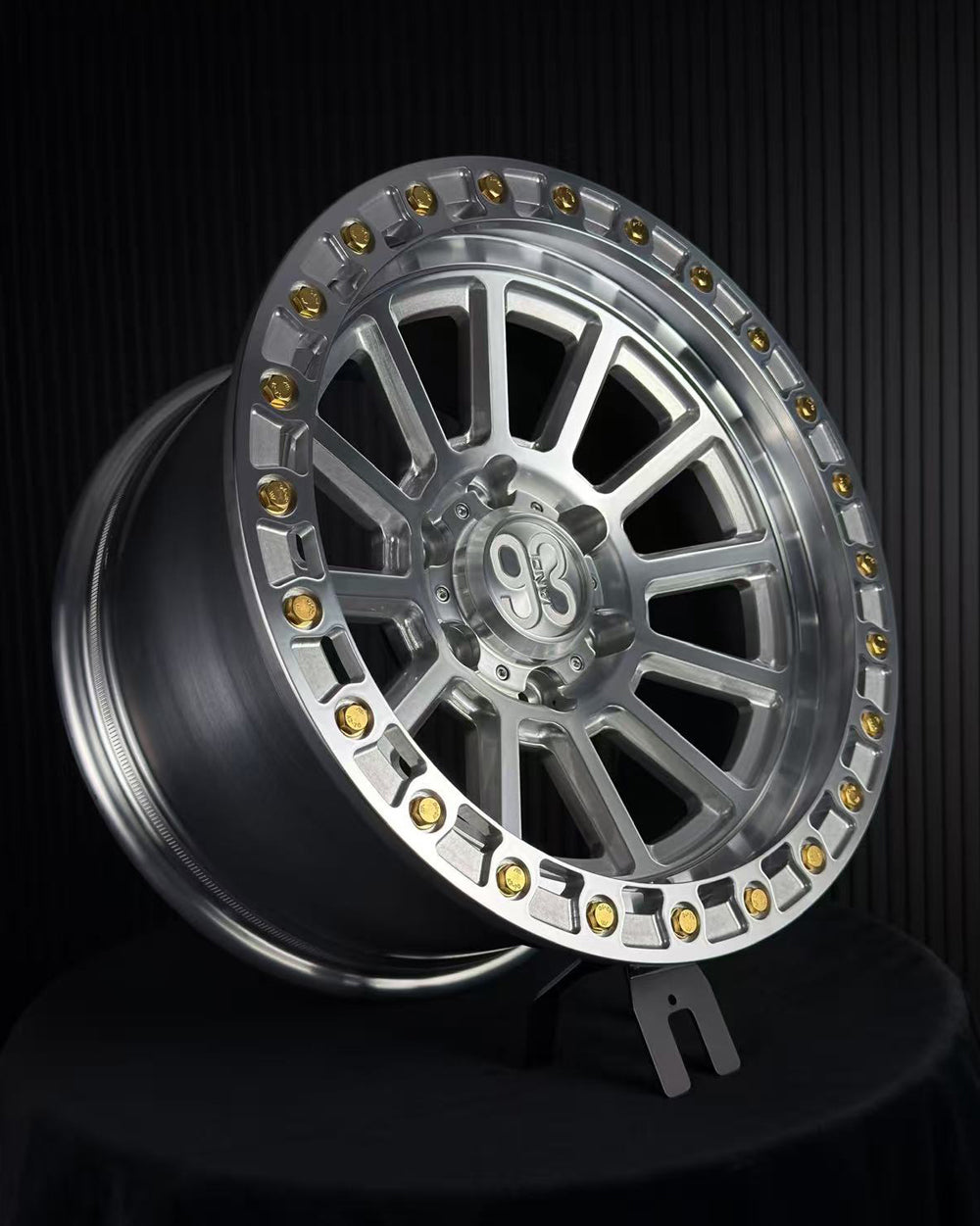 (Set of 4) FR-13 | 6061-T6 Forged | Simulated Beadlock | Machined Clear, Gold Lip Bolts (6x135 | 17x9, 0mm Offset)