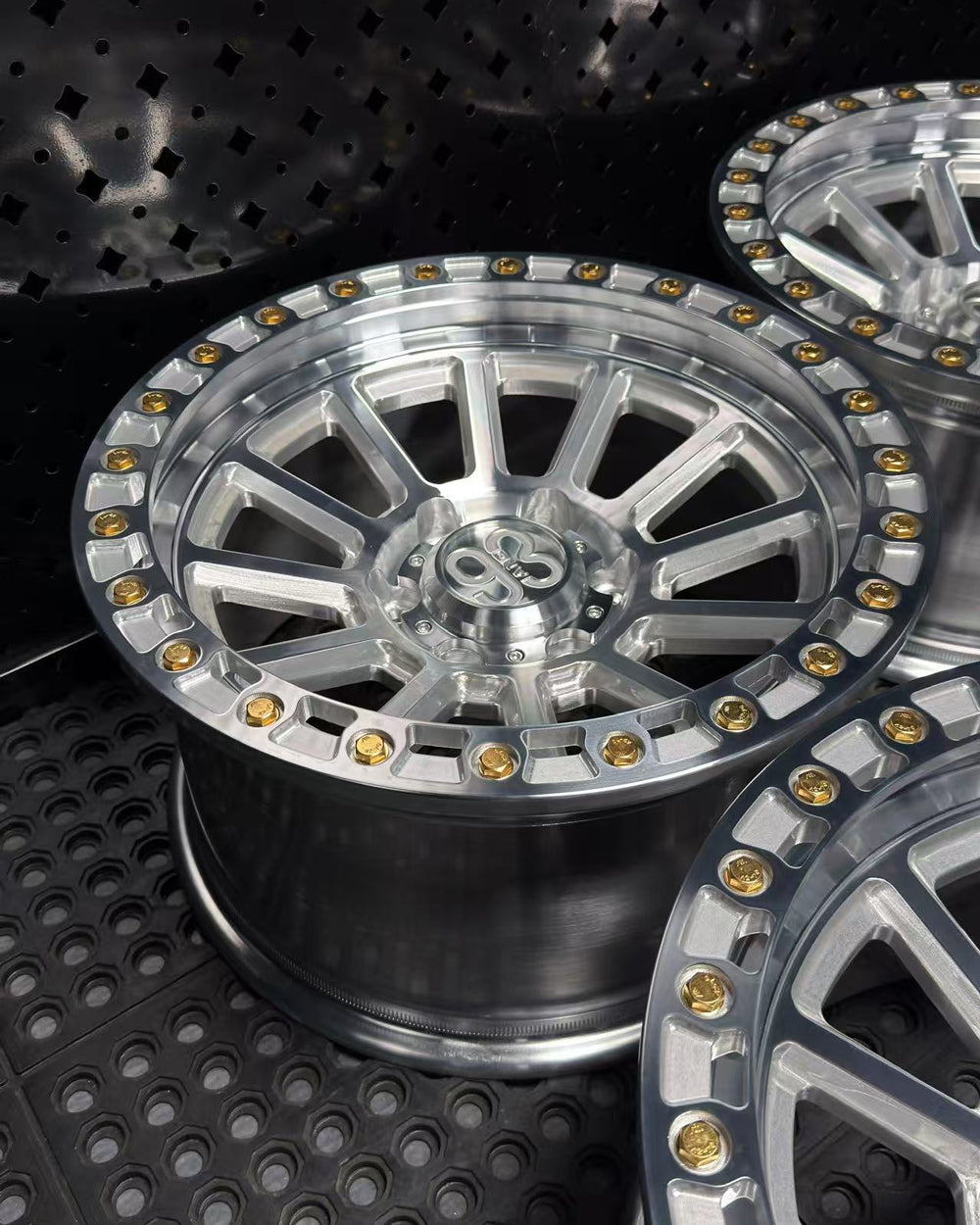 (Set of 4) FR-13 | 6061-T6 Forged | Simulated Beadlock | Machined Clear, Gold Lip Bolts (6x135 | 17x9, 0mm Offset)