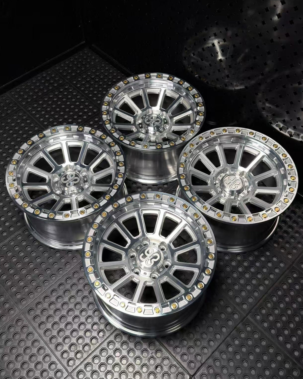 (Set of 4) FR-13 | 6061-T6 Forged | Simulated Beadlock | Machined Clear, Gold Lip Bolts (6x135 | 17x9, 0mm Offset)