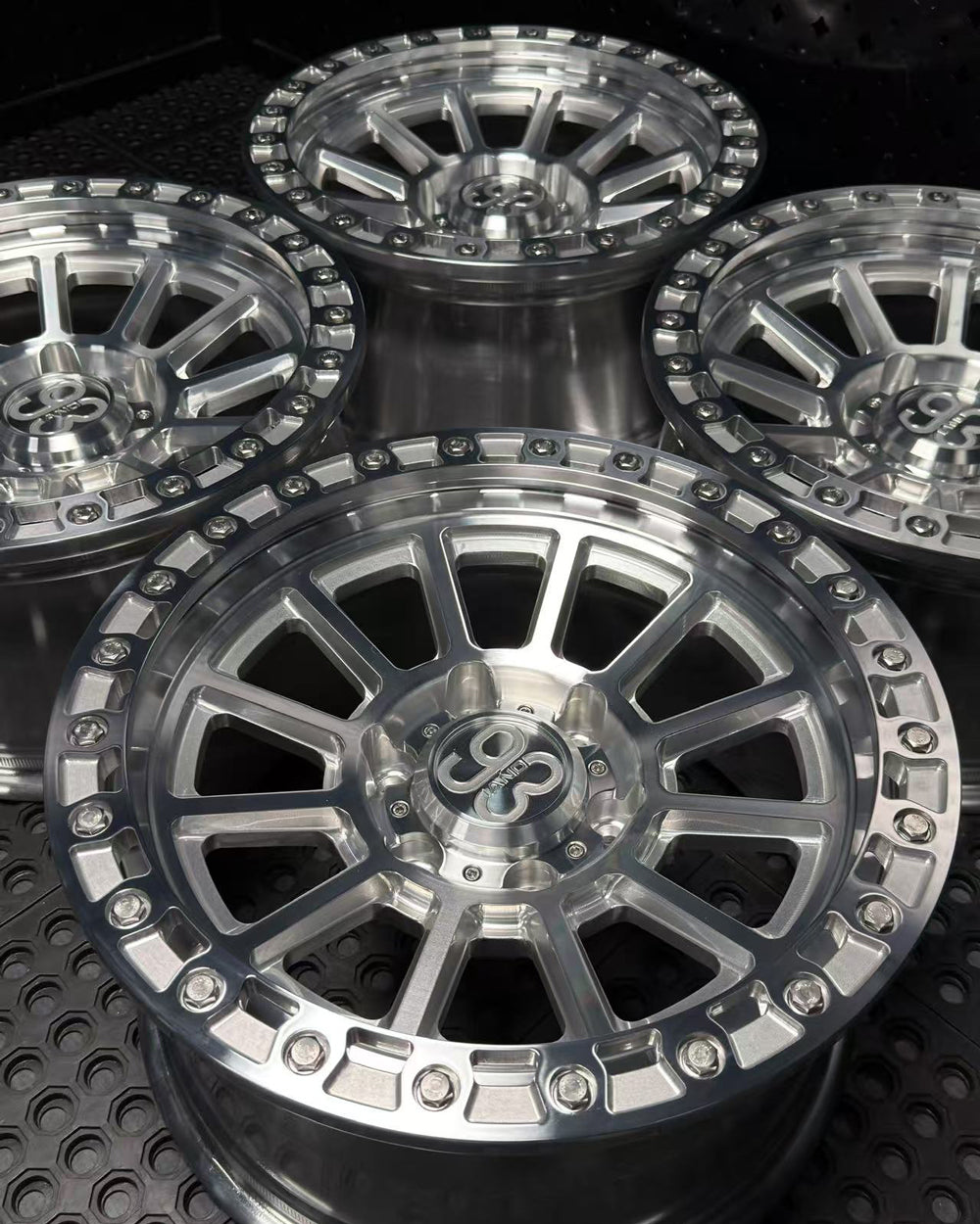 (Set of 4) FR-13 | 6061-T6 Forged | Simulated Beadlock | Machined Clear (6x135 | 17x8.5, 0mm Offset)