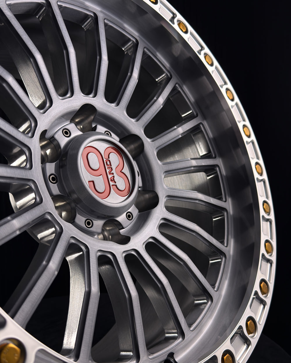 (Set of 4) FR-18R | 6061-T6 Forged | Simulated Beadlock w/ Removable Rings | Gloss Brushed Gray, Machined Clear Rings (6x135 | 17x8.5, 0mm Offset)