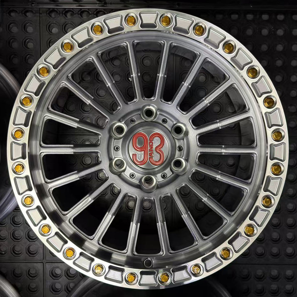 (Set of 4) FR-18R | 6061-T6 Forged | Simulated Beadlock w/ Removable Rings | Gloss Brushed Gray, Machined Clear Rings (6x135 | 17x8.5, 0mm Offset)