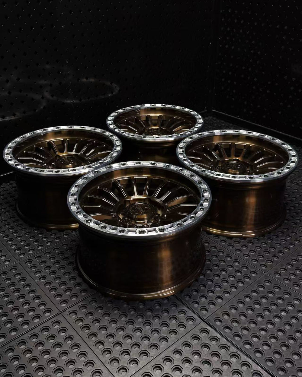 (Set of 4) FR-18R | 6061-T6 Forged | Simulated Beadlock w/ Removable Rings | Gloss Brushed Triple Bronze, Machined Clear Rings (6x135 | 17x8.5, 0mm Offset)