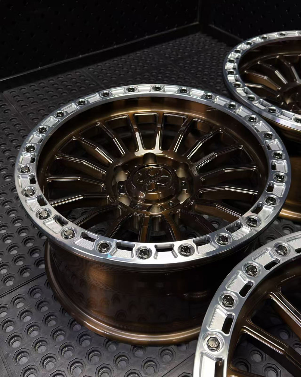 (Set of 4) FR-18R | 6061-T6 Forged | Simulated Beadlock w/ Removable Rings | Gloss Brushed Triple Bronze, Machined Clear Rings (6x135 | 17x8.5, 0mm Offset)