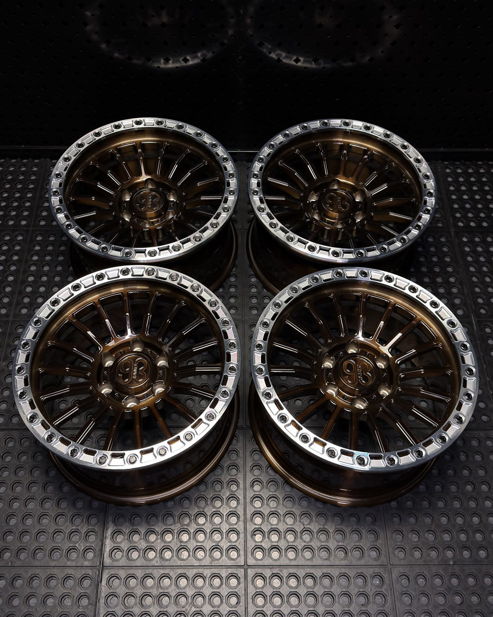 (Set of 4) FR-18R | 6061-T6 Forged | Simulated Beadlock w/ Removable Rings | Gloss Brushed Triple Bronze, Machined Clear Rings (6x135 | 17x8.5, 0mm Offset)