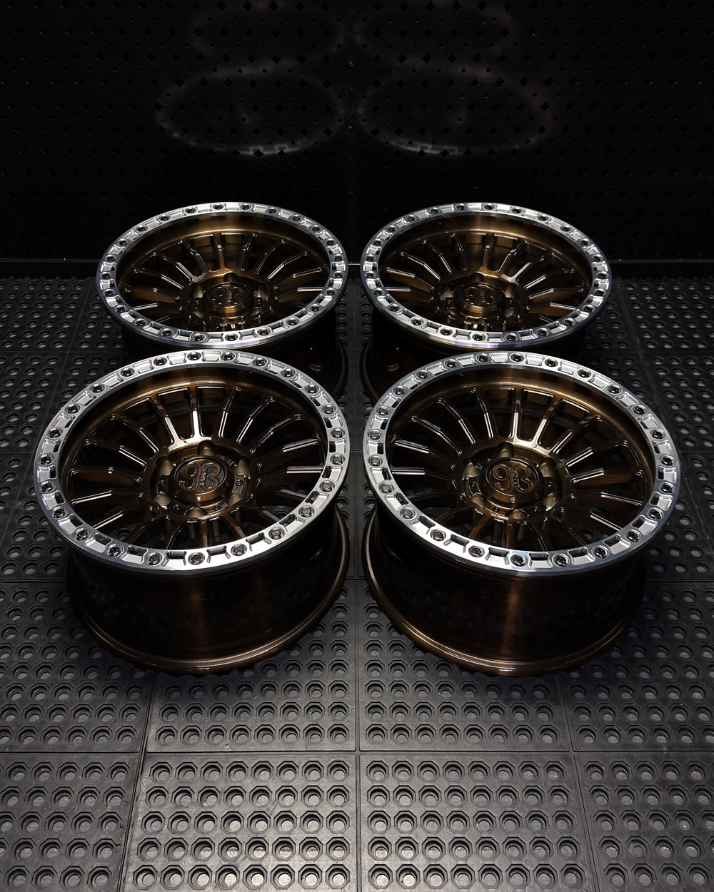 (Set of 4) FR-18R | 6061-T6 Forged | Simulated Beadlock w/ Removable Rings | Gloss Brushed Triple Bronze, Machined Clear Rings (6x135 | 17x8.5, 0mm Offset)