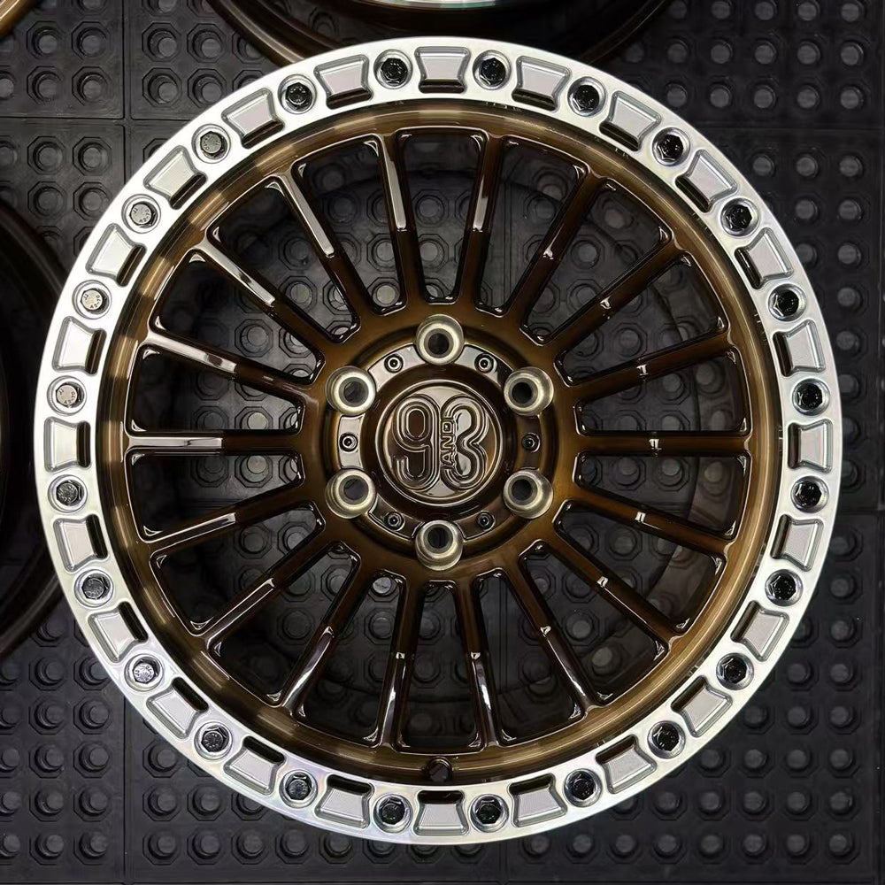 (Set of 4) FR-18R | 6061-T6 Forged | Simulated Beadlock w/ Removable Rings | Gloss Brushed Triple Bronze, Machined Clear Rings (6x135 | 17x8.5, 0mm Offset)