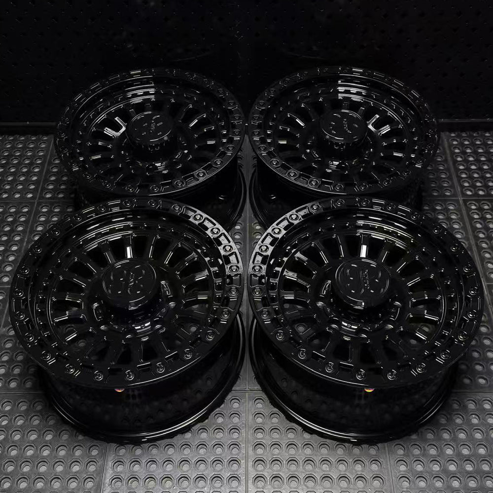 (Set of 4) FR-19 | 6061-T6 Forged | Simulated Beadlock | Gloss Black, Black Lip Bolts (8x170 | 18x9, +12mm Offset)