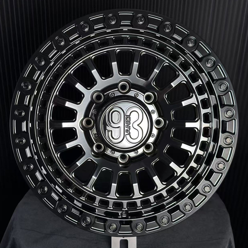 (Set of 4) FR-19 | 6061-T6 Forged | Simulated Beadlock | Gloss Black, Black Lip Bolts (8x180 | 18x9, 0mm Offset)