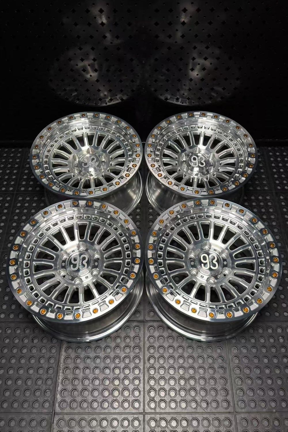 (Set of 4) FR-19 | 6061-T6 Forged | Simulated Beadlock | Machined Clear with Gold Lip Bolts (6x135 | 17x8.5, 0mm Offset)