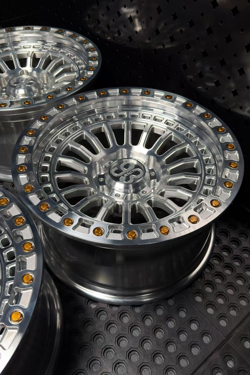 (Set of 4) FR-19 | 6061-T6 Forged | Simulated Beadlock | Machined Clear with Gold Lip Bolts (6x135 | 17x8.5, 0mm Offset)