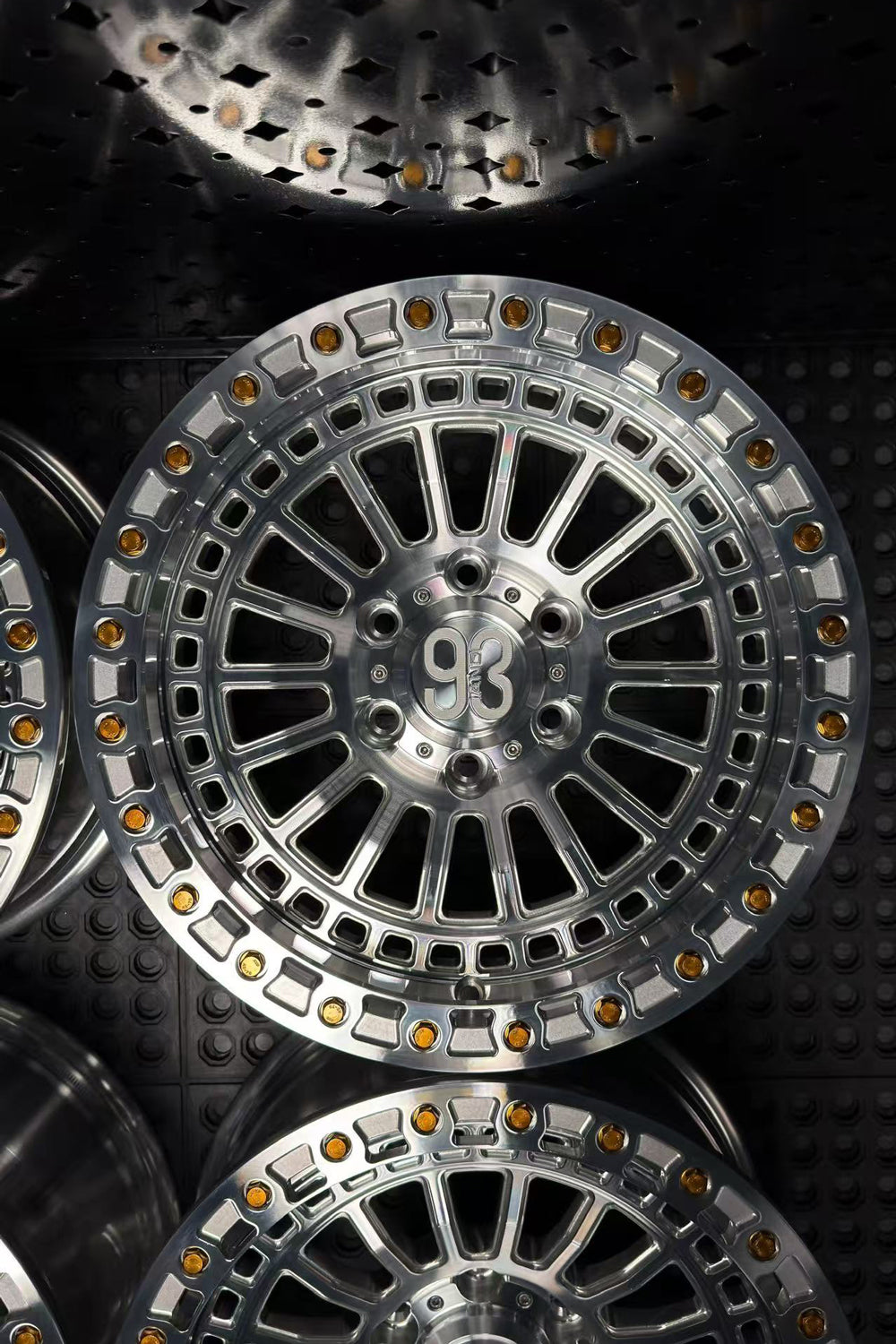 (Set of 4) FR-19 | 6061-T6 Forged | Simulated Beadlock | Machined Clear with Gold Lip Bolts (6x135 | 17x8.5, 0mm Offset)