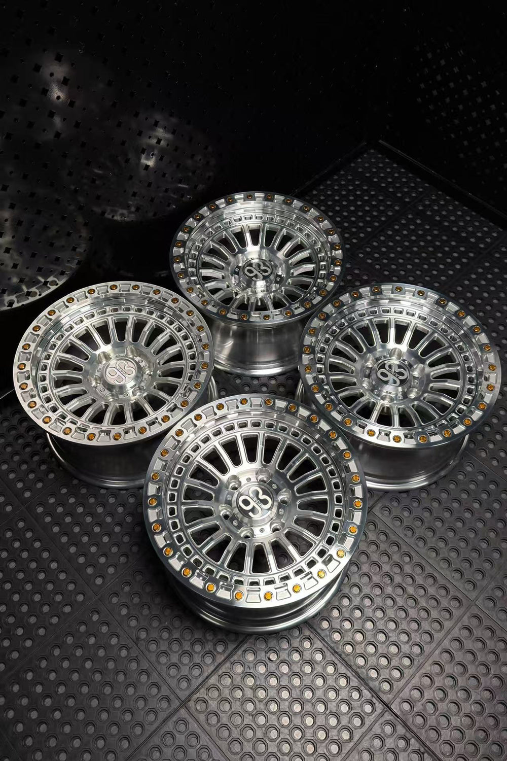(Set of 4) FR-19 | 6061-T6 Forged | Simulated Beadlock | Machined Clear with Gold Lip Bolts (6x135 | 17x8.5, 0mm Offset)