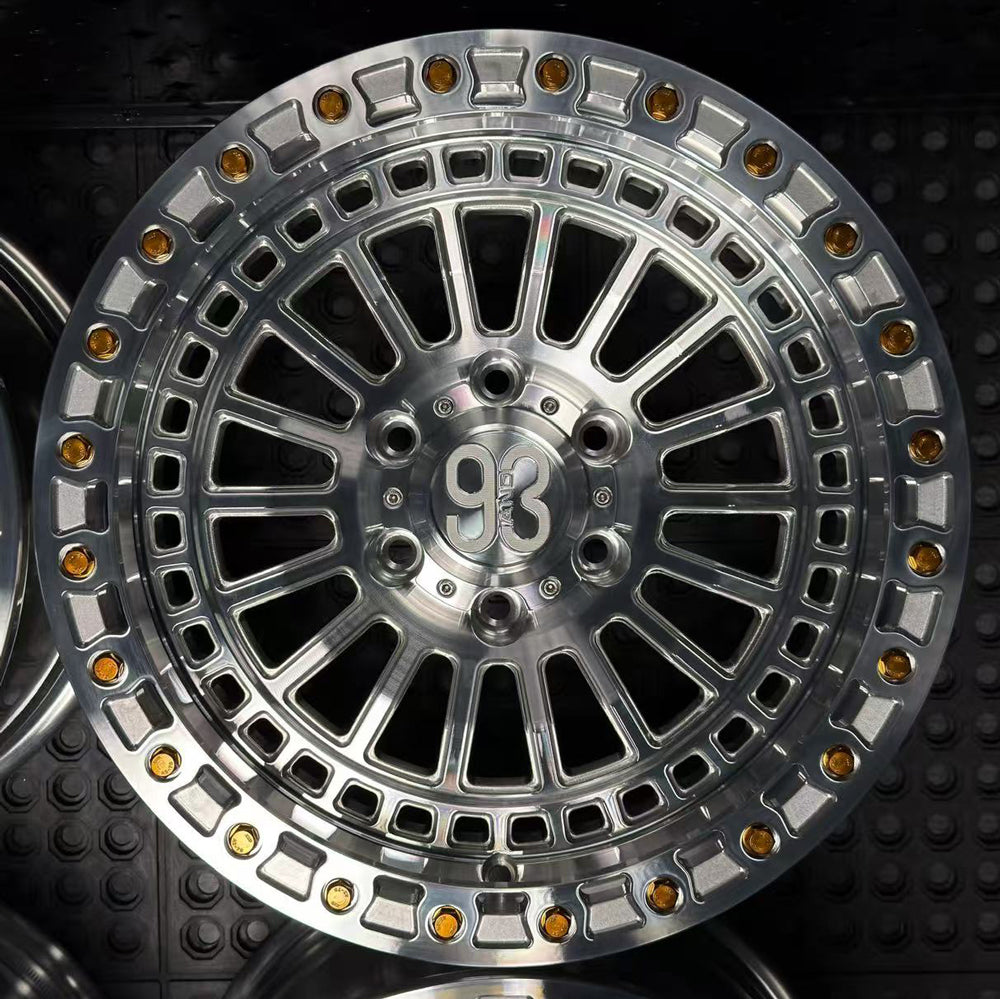 (Set of 4) FR-19 | 6061-T6 Forged | Simulated Beadlock | Machined Clear with Gold Lip Bolts (6x135 | 17x8.5, 0mm Offset)