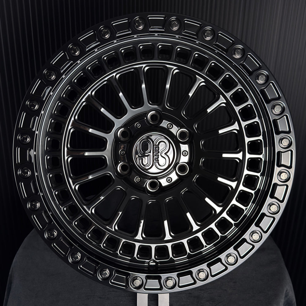 (Set of 4) FR-19R | 6061-T6 Forged | Simulated Beadlock w/ Removable Rings | Gloss Black, Gloss Black Slotted Rings, Black Lip Bolts (6x135 | 17x9, 0mm Offset)