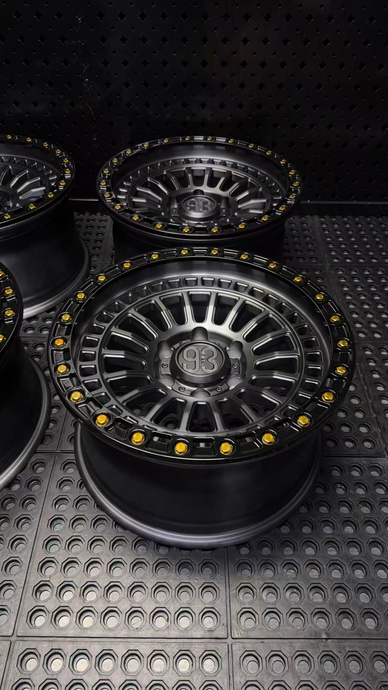 (Set of 4) FR-19R | 6061-T6 Forged | Simulated Beadlock w/ Removable Rings | Matte Brushed Double Black, Gloss Black Rings (6x135 | 17x8.5, 0mm Offset)