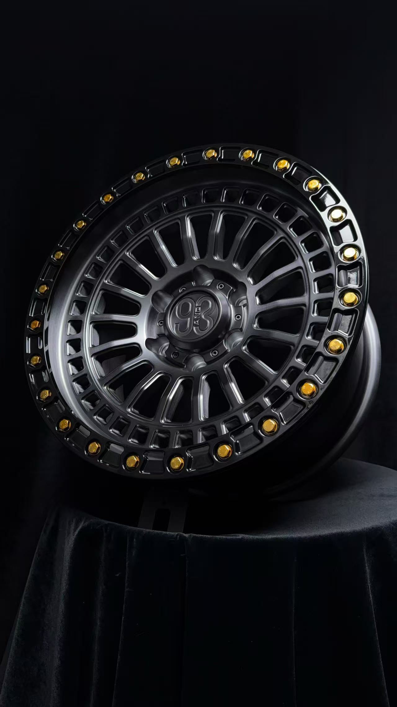 (Set of 4) FR-19R | 6061-T6 Forged | Simulated Beadlock w/ Removable Rings | Matte Brushed Double Black, Gloss Black Rings (6x135 | 17x8.5, 0mm Offset)