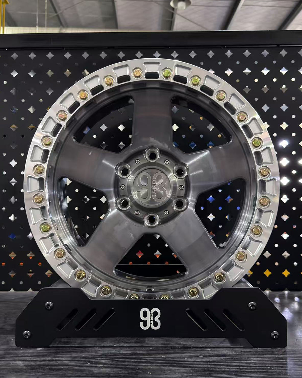 (Set of 5) FR-05BL | 6061-T6 Forged | True Beadlock | Gloss Brushed Gray w/ Machined Clear Slotted Rings and Gold Lip Bolts (6x135 | 17x9, 0mm Offset)