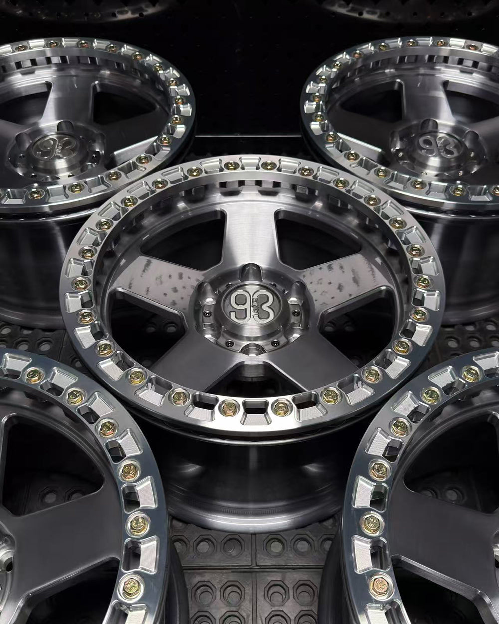 (Set of 5) FR-05BL | 6061-T6 Forged | True Beadlock | Gloss Brushed Gray w/ Machined Clear Slotted Rings and Gold Lip Bolts (6x135 | 17x9, 0mm Offset)