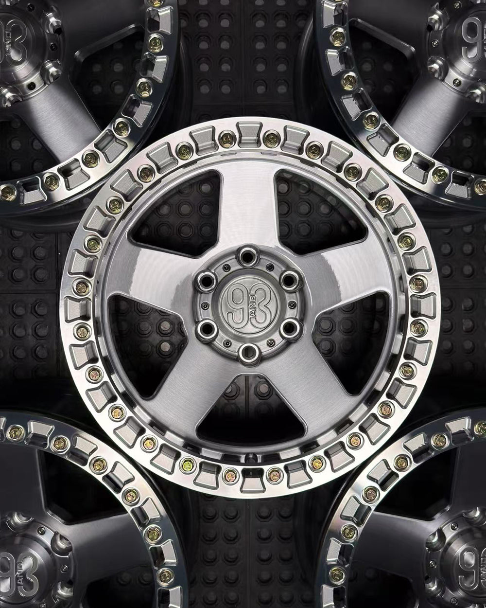 (Set of 5) FR-05BL | 6061-T6 Forged | True Beadlock | Gloss Brushed Gray w/ Machined Clear Slotted Rings and Gold Lip Bolts (6x135 | 17x9, 0mm Offset)