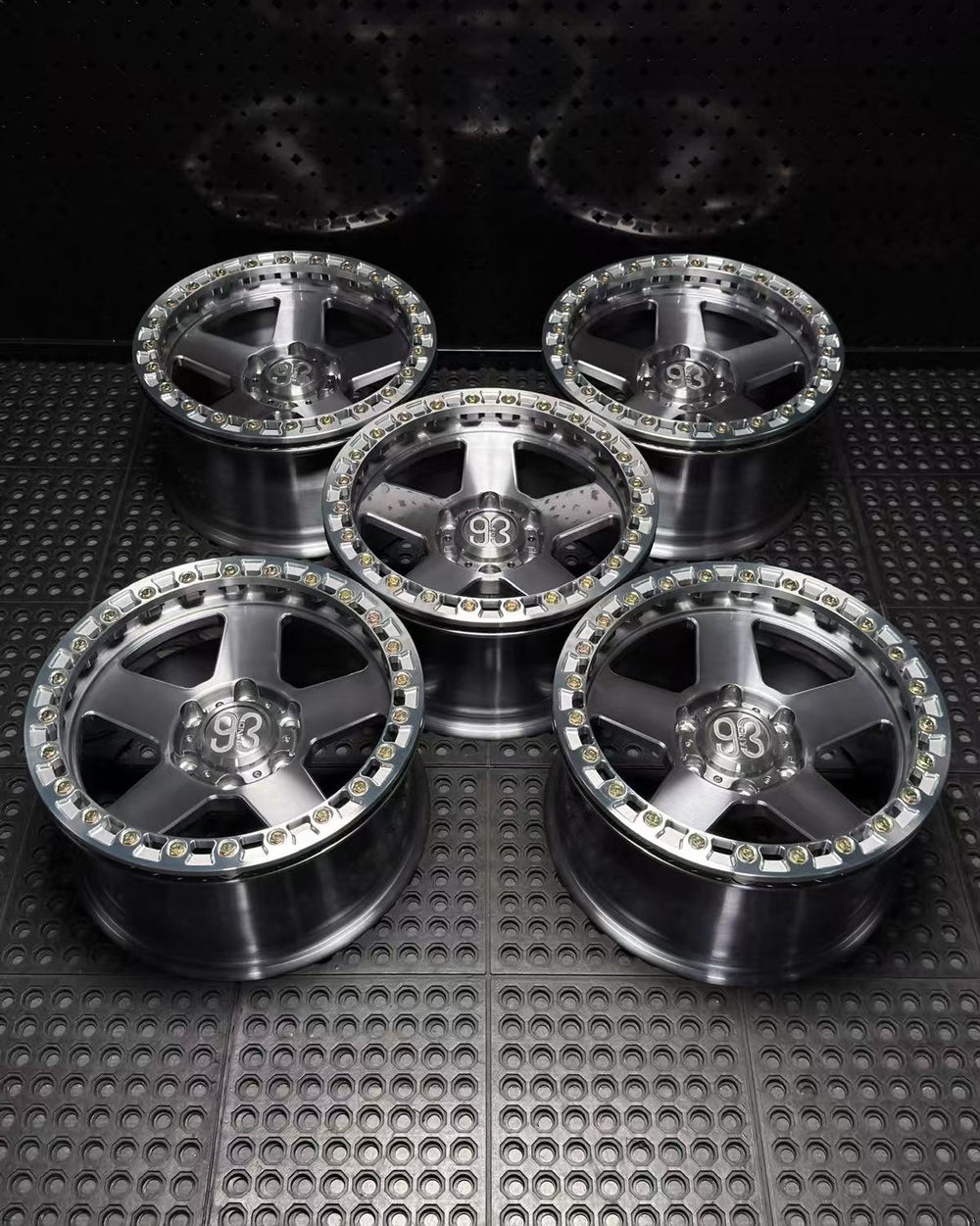 (Set of 5) FR-05BL | 6061-T6 Forged | True Beadlock | Gloss Brushed Gray w/ Machined Clear Slotted Rings and Gold Lip Bolts (6x135 | 17x9, 0mm Offset)