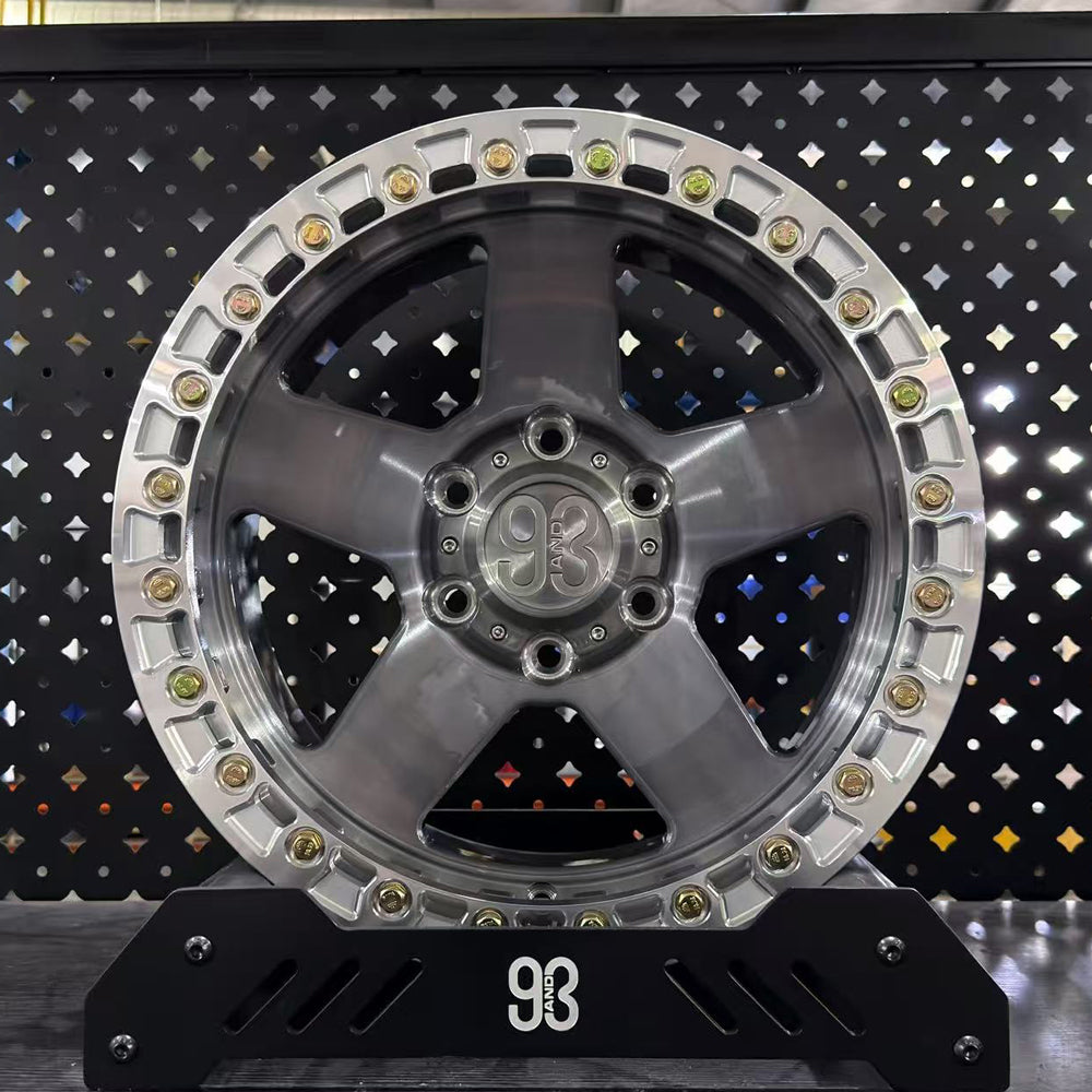 (Set of 5) FR-05BL | 6061-T6 Forged | True Beadlock | Gloss Brushed Gray w/ Machined Clear Slotted Rings and Gold Lip Bolts (6x135 | 17x9, 0mm Offset)