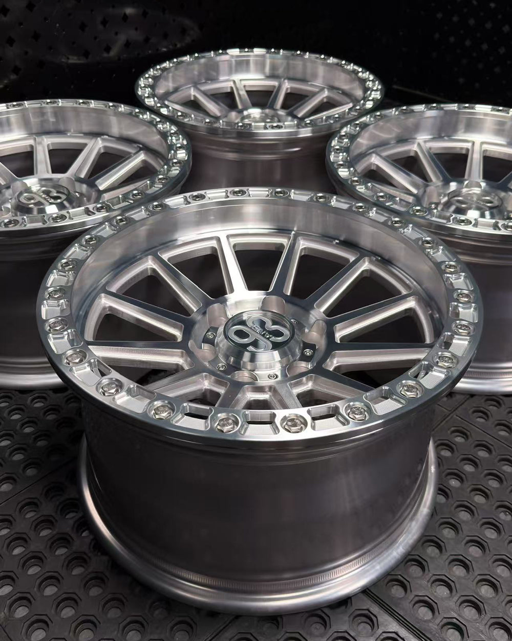 (Set of 4) FR-11R | 6061-T6 Forged | Simulated Beadlock | Machined Clear w/ Machined Clear Slotted Rings and Stainless Lip Bolts (6x135 | 17x9, 0mm Offset)