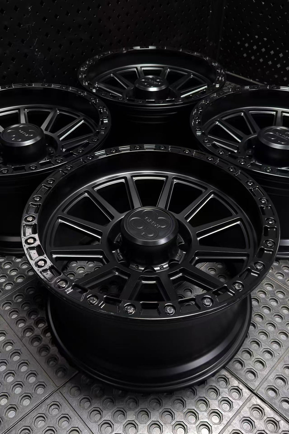 (Set of 4) FR-11R | 6061-T6 Forged | Simulated Beadlock w/ Removable Rings | Matte Black, Gloss Black Slotted Rings, Black Lip Bolts (8x170 | 20x10, -18mm Offset)
