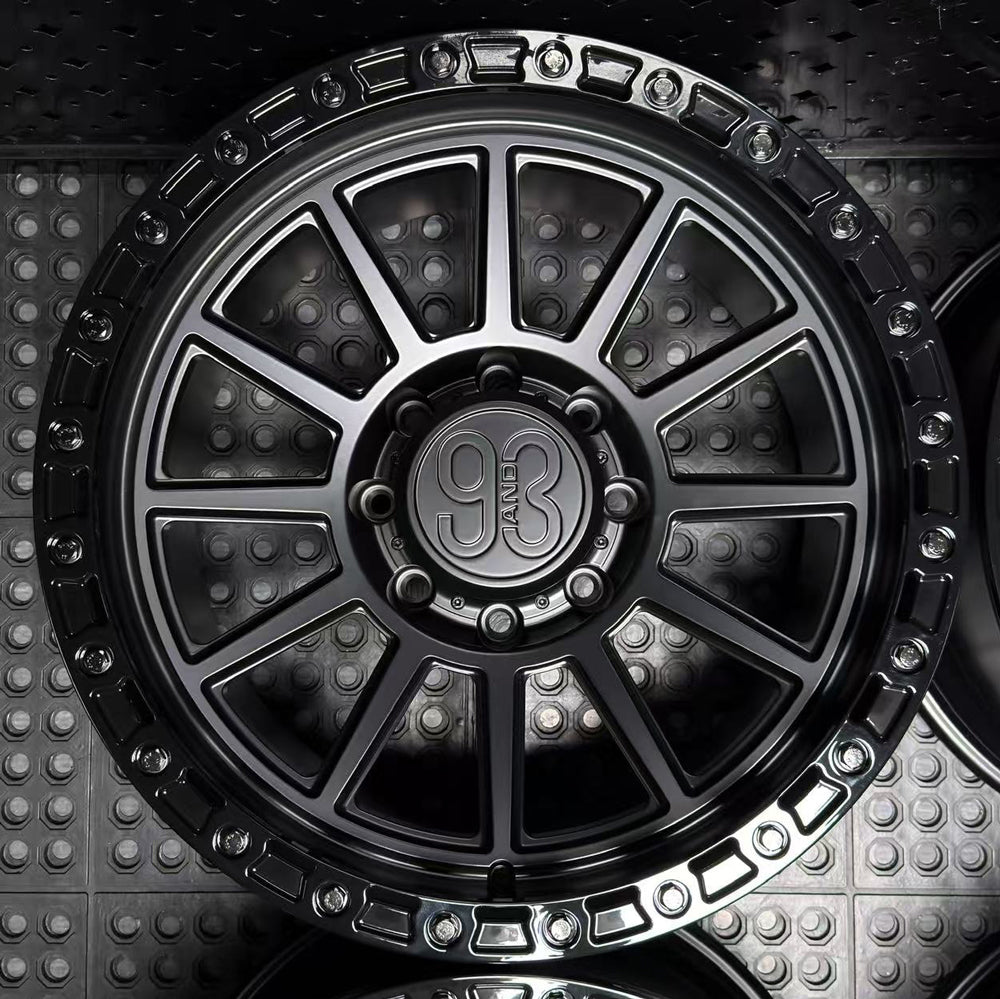 (Set of 4) FR-11R | 6061-T6 Forged | Simulated Beadlock w/ Removable Rings | Matte Black, Gloss Black Slotted Rings, Black Lip Bolts (8x170 | 20x10, -18mm Offset)