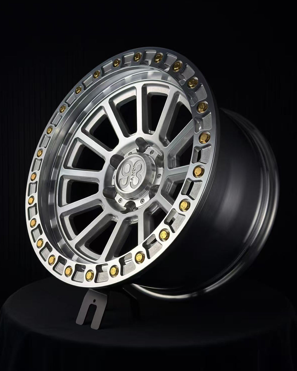 (Set of 4) FR-13 | 6061-T6 Forged | Simulated Beadlock | Machined Clear, Gold Lip Bolts (6x135 | 17x9, 0mm Offset)