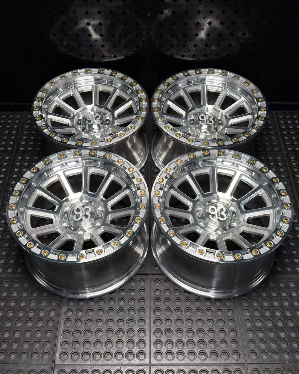 (Set of 4) FR-13 | 6061-T6 Forged | Simulated Beadlock | Machined Clear, Gold Lip Bolts (6x135 | 17x9, 0mm Offset)