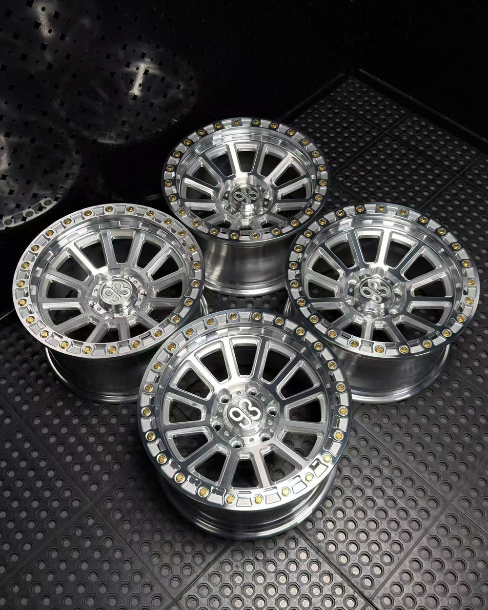 (Set of 4) FR-13 | 6061-T6 Forged | Simulated Beadlock | Machined Clear, Gold Lip Bolts (6x135 | 17x9, 0mm Offset)