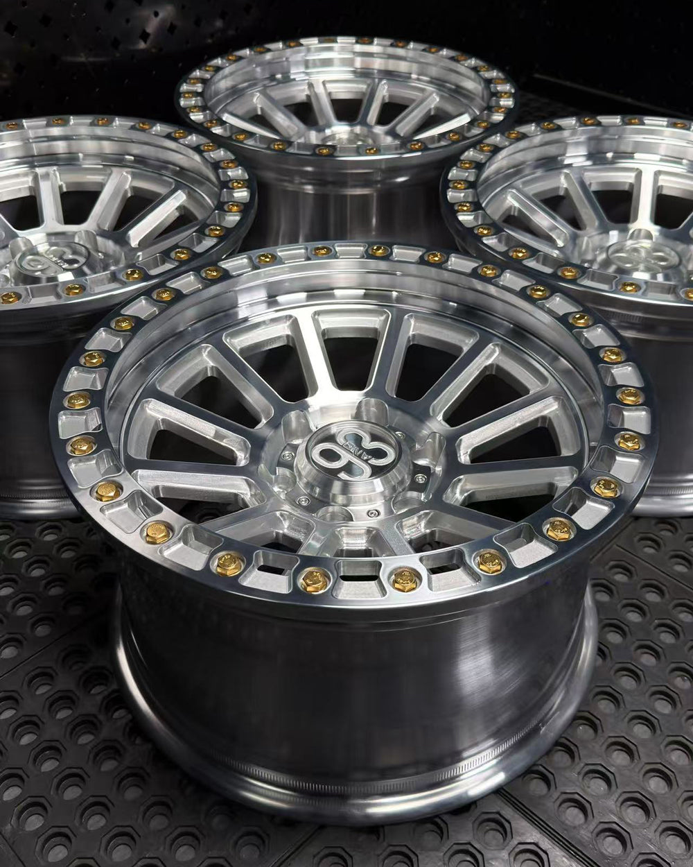 (Set of 4) FR-13 | 6061-T6 Forged | Simulated Beadlock | Machined Clear, Gold Lip Bolts (6x135 | 17x9, 0mm Offset)