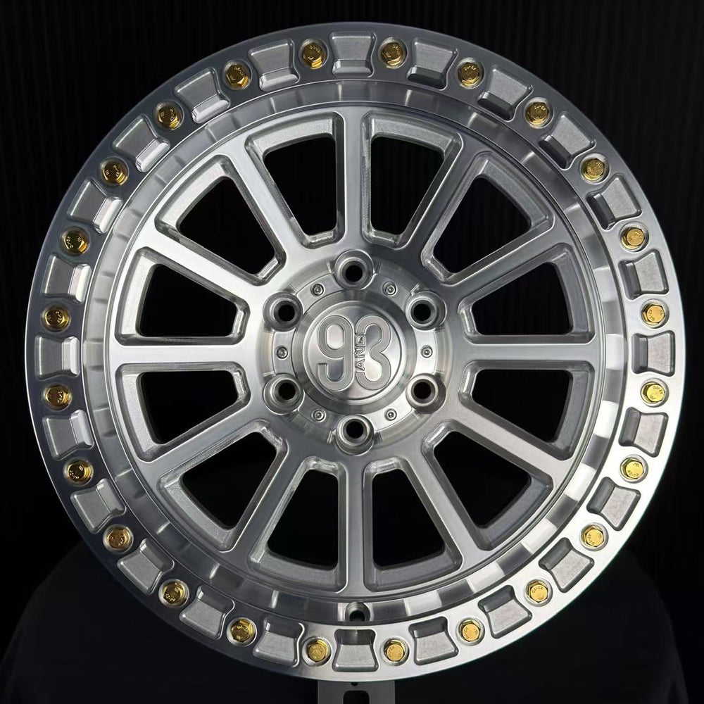 (Set of 4) FR-13 | 6061-T6 Forged | Simulated Beadlock | Machined Clear, Gold Lip Bolts (6x135 | 17x9, 0mm Offset)