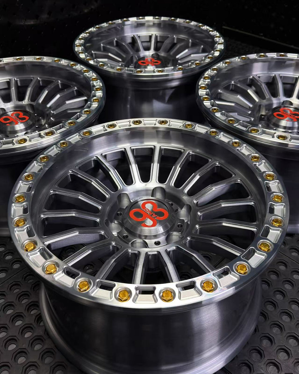 (Set of 4) FR-18R | 6061-T6 Forged | Simulated Beadlock w/ Removable Rings | Gloss Brushed Gray, Machined Clear Rings (6x135 | 17x8.5, 0mm Offset)