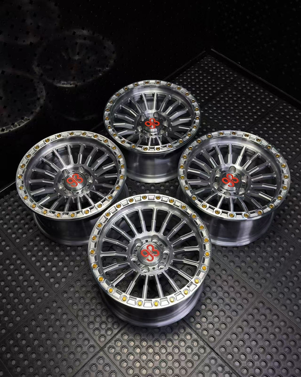 (Set of 4) FR-18R | 6061-T6 Forged | Simulated Beadlock w/ Removable Rings | Gloss Brushed Gray, Machined Clear Rings (6x135 | 17x8.5, 0mm Offset)