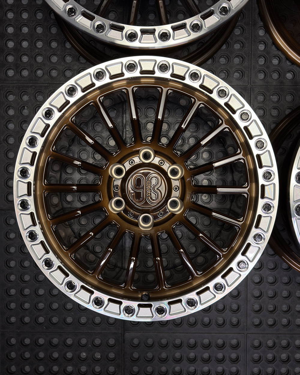 (Set of 4) FR-18R | 6061-T6 Forged | Simulated Beadlock w/ Removable Rings | Gloss Brushed Triple Bronze, Machined Clear Rings (6x135 | 17x8.5, 0mm Offset)