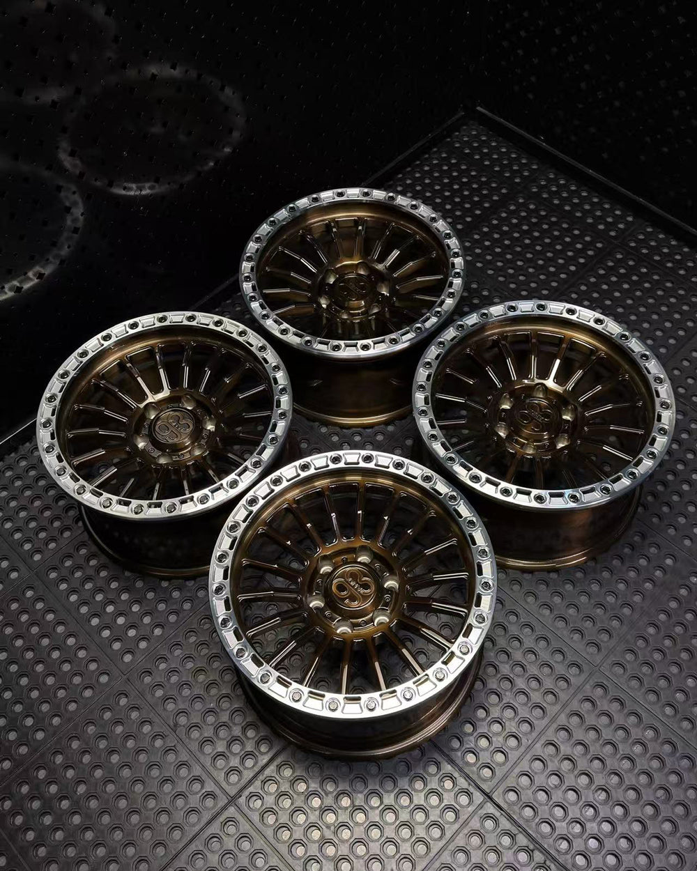 (Set of 4) FR-18R | 6061-T6 Forged | Simulated Beadlock w/ Removable Rings | Gloss Brushed Triple Bronze, Machined Clear Rings (6x135 | 17x8.5, 0mm Offset)