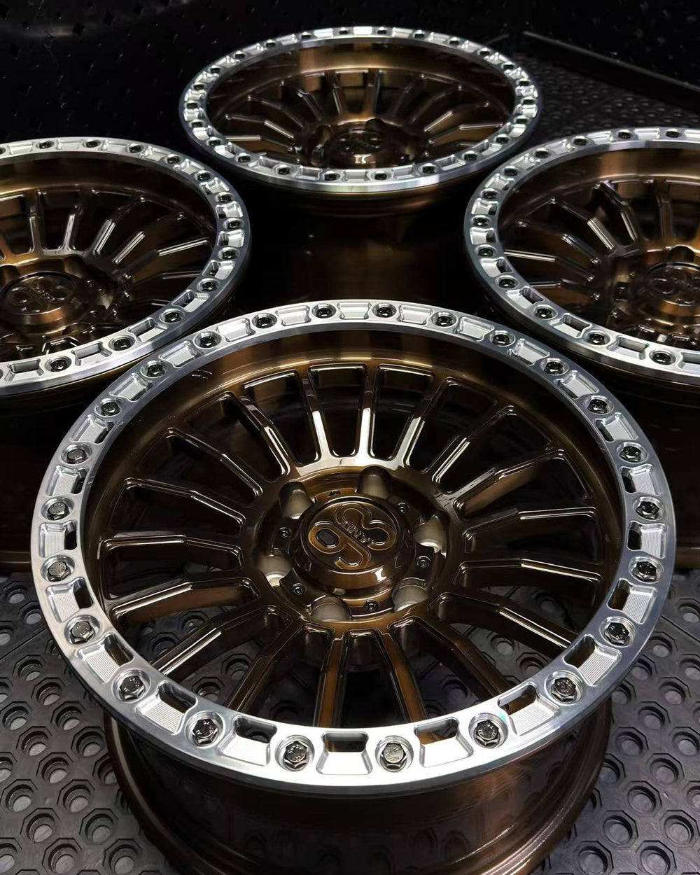 (Set of 4) FR-18R | 6061-T6 Forged | Simulated Beadlock w/ Removable Rings | Gloss Brushed Triple Bronze, Machined Clear Rings (6x135 | 17x8.5, 0mm Offset)