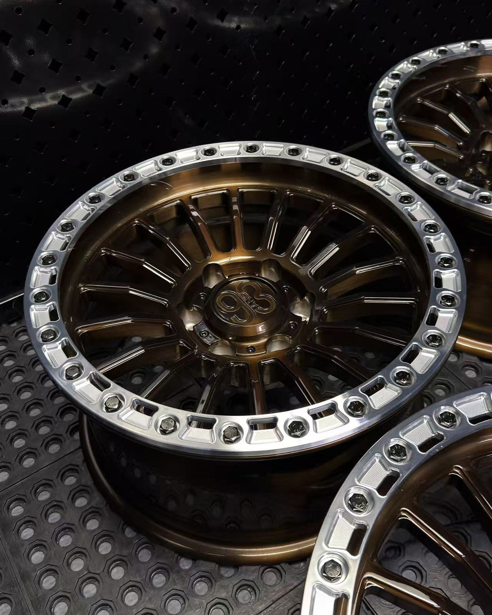 (Set of 4) FR-18R | 6061-T6 Forged | Simulated Beadlock w/ Removable Rings | Gloss Brushed Triple Bronze, Machined Clear Rings (6x135 | 17x8.5, 0mm Offset)