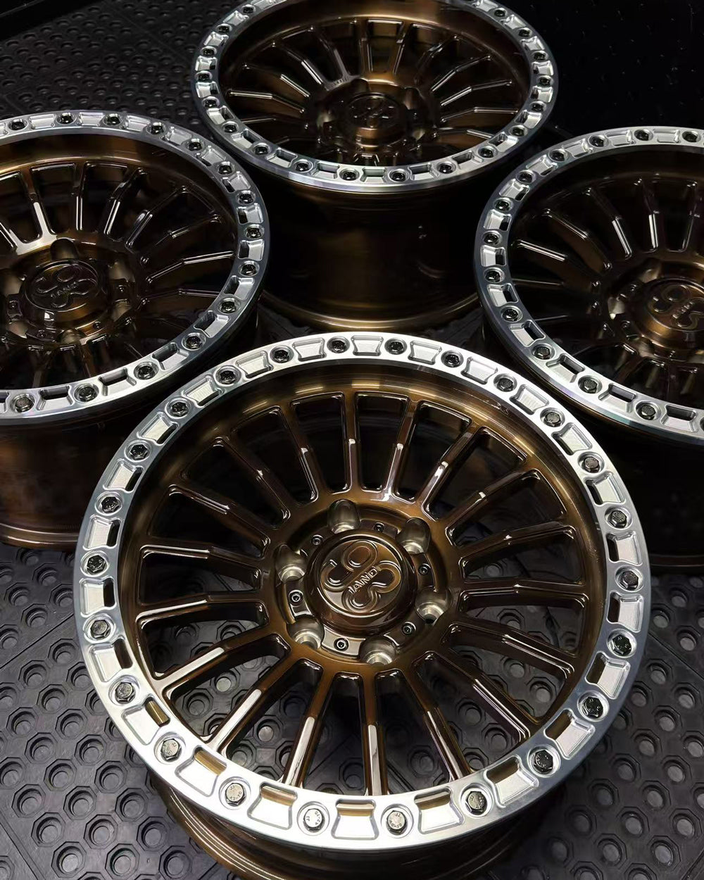 (Set of 4) FR-18R | 6061-T6 Forged | Simulated Beadlock w/ Removable Rings | Gloss Brushed Triple Bronze, Machined Clear Rings (6x135 | 17x8.5, 0mm Offset)