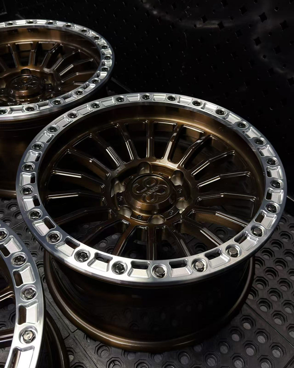 (Set of 4) FR-18R | 6061-T6 Forged | Simulated Beadlock w/ Removable Rings | Gloss Brushed Triple Bronze, Machined Clear Rings (6x135 | 17x8.5, 0mm Offset)