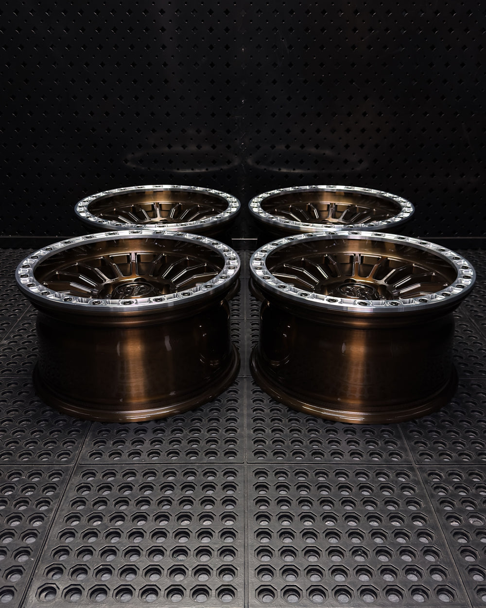 (Set of 4) FR-18R | 6061-T6 Forged | Simulated Beadlock w/ Removable Rings | Gloss Brushed Triple Bronze, Machined Clear Rings (6x135 | 17x8.5, 0mm Offset)