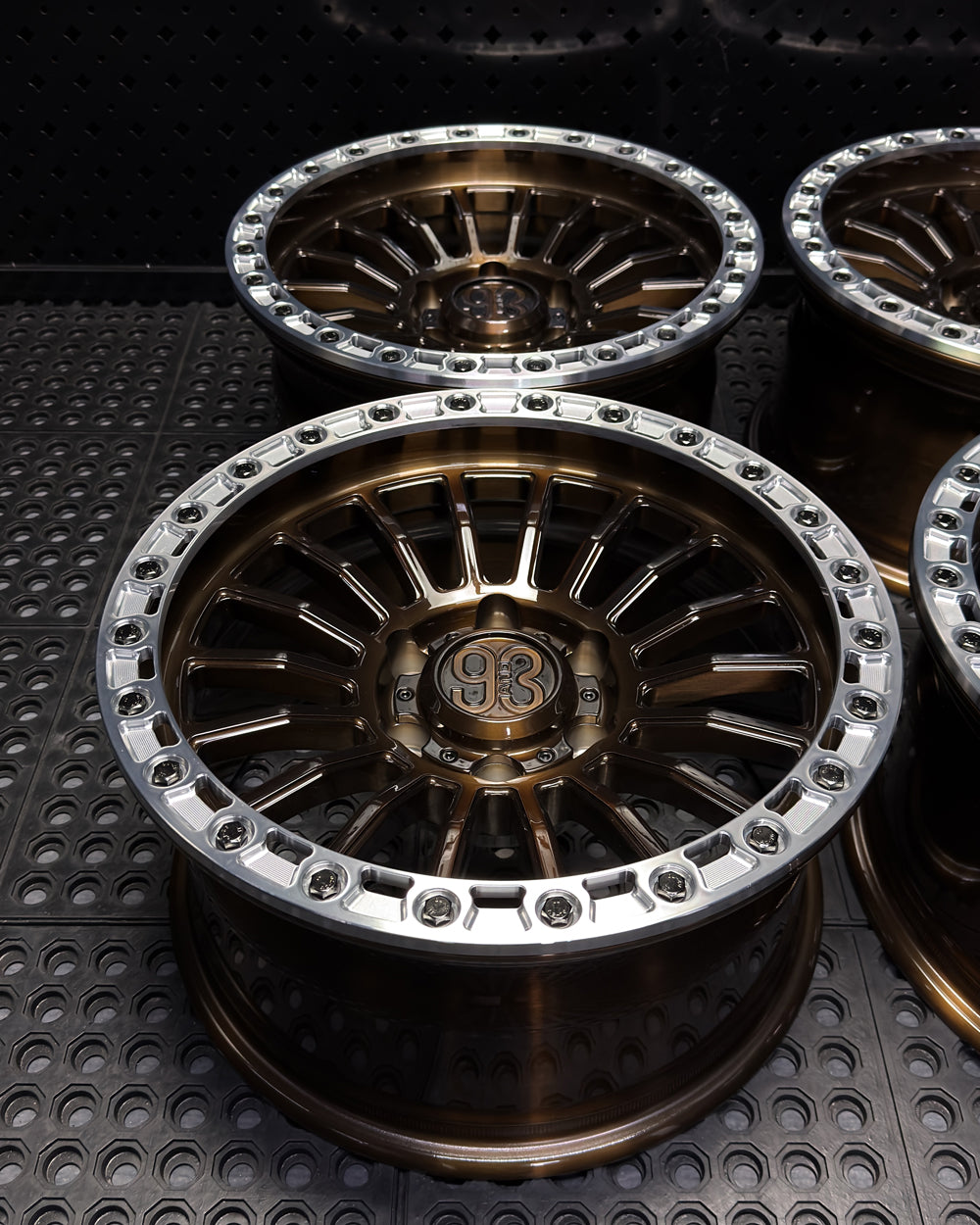 (Set of 4) FR-18R | 6061-T6 Forged | Simulated Beadlock w/ Removable Rings | Gloss Brushed Triple Bronze, Machined Clear Rings (6x135 | 17x8.5, 0mm Offset)