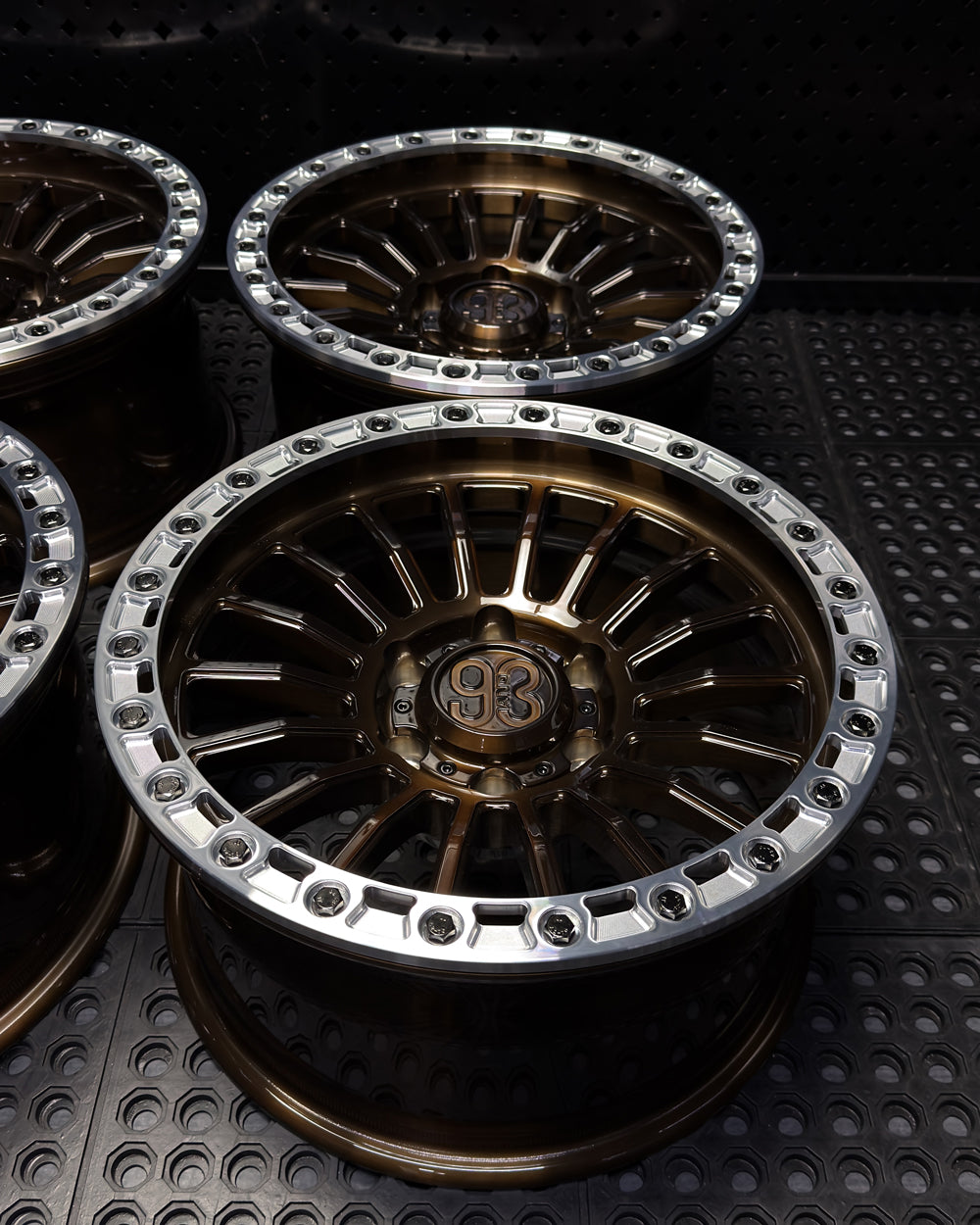 (Set of 4) FR-18R | 6061-T6 Forged | Simulated Beadlock w/ Removable Rings | Gloss Brushed Triple Bronze, Machined Clear Rings (6x135 | 17x8.5, 0mm Offset)